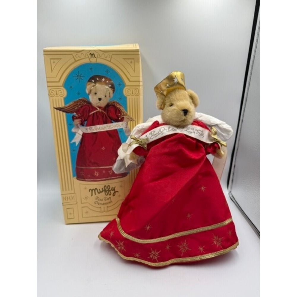North American Bear Co Muffy VanderBear Angel Tree Topper Ornament Red Gold Box